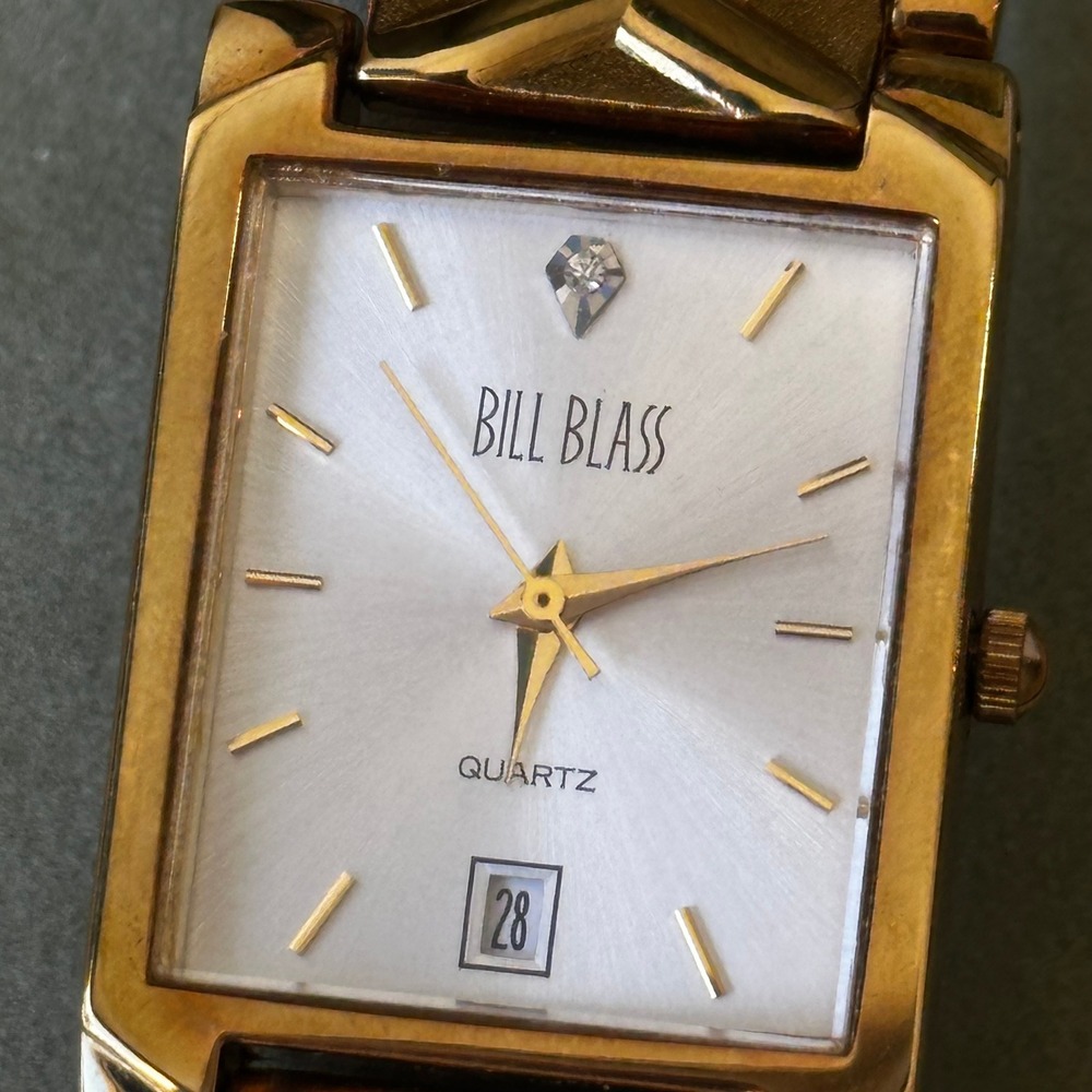 Bill Blass Gold Tone Diamond Accent Tank Quartz Date Watch Boxed Needs Battery